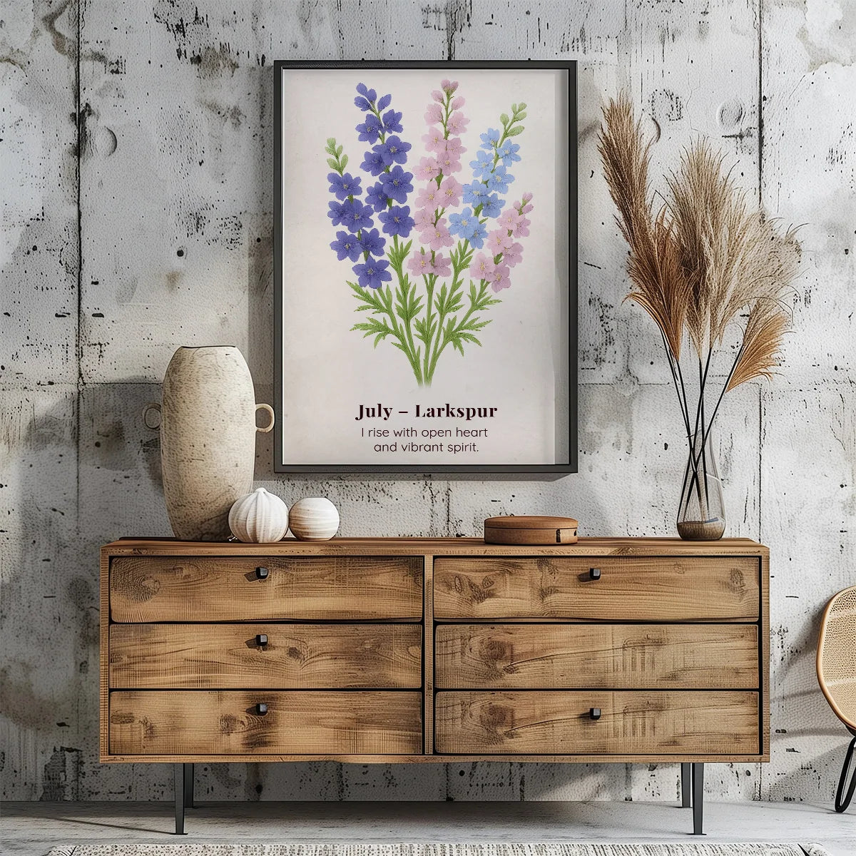 July Birth Flower Wall Art, Larkspur Botanical Print, Instant Download, Birth Month Poster, Self-Care Birthday Gift