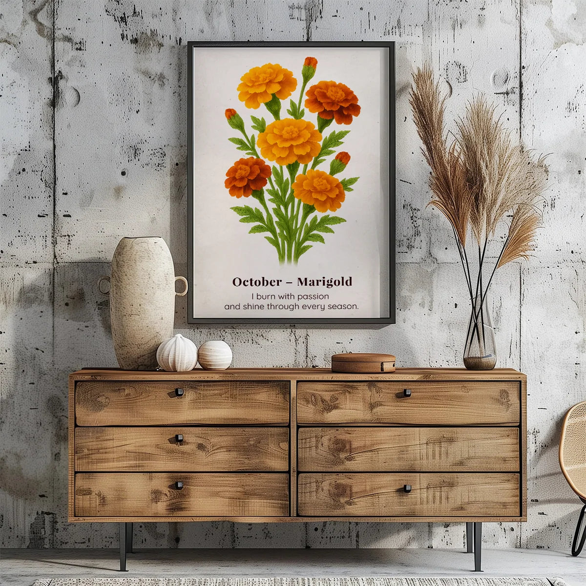 October Birth Flower Wall Art, Marigold Botanical Print, Instant Download, Birth Month Poster, Self-Care Birthday Gift