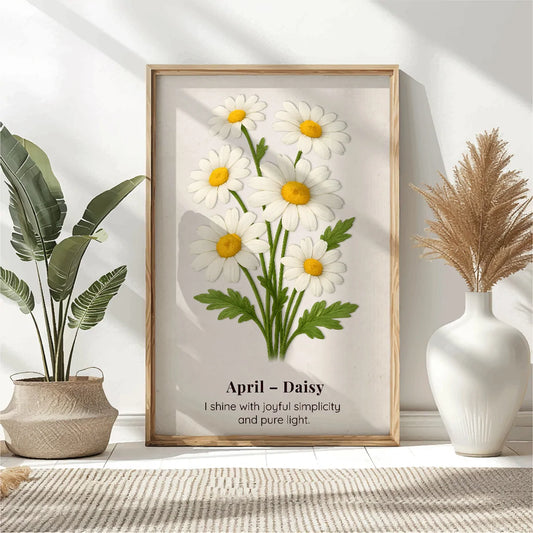 April Birth Flower Wall Art, Daisy Botanical Print, Instant Download, Birth Month Poster, Self-Care Birthday Gift