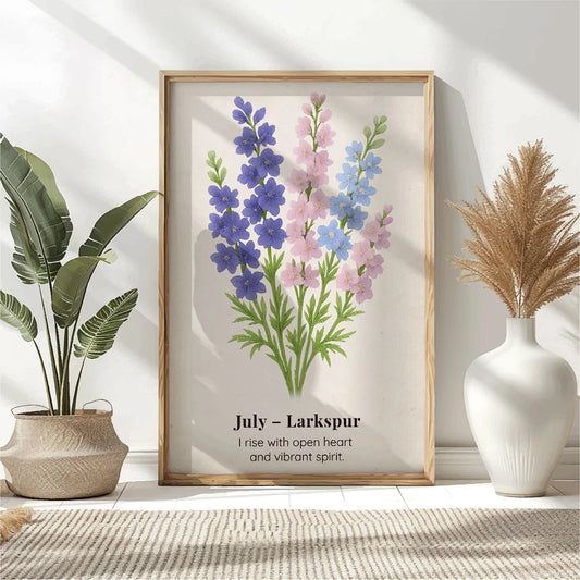 July Birth Flower Wall Art, Larkspur Botanical Print, Instant Download, Birth Month Poster, Self-Care Birthday Gift