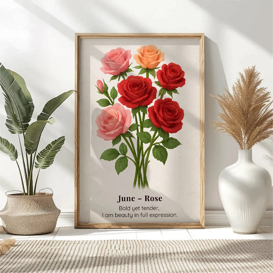June Birth Flower Wall Art, Rose Botanical Print, Instant Download, Birth Month Poster, Self-Care Birthday Gift