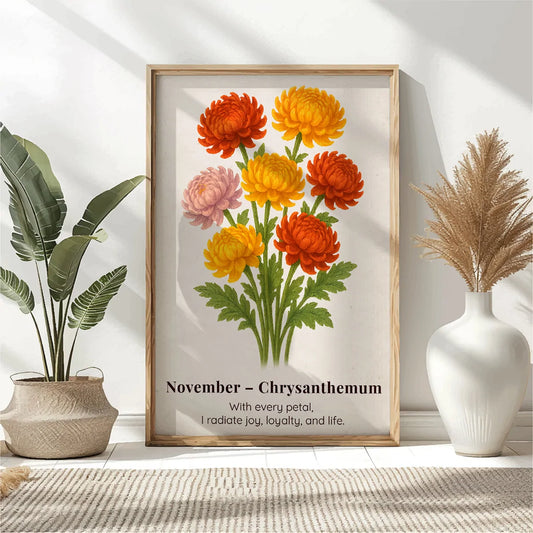 November Birth Flower Wall Art, Chrysanthemum Botanical Print, Instant Download, Birth Month Poster, Self-Care Birthday Gift