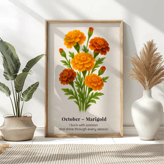 October Birth Flower Wall Art, Marigold Botanical Print, Instant Download, Birth Month Poster, Self-Care Birthday Gift