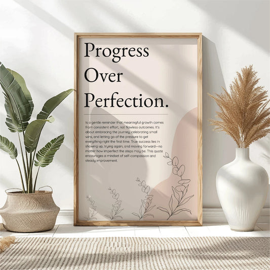 Progress Over Perfection – Motivational Quote Typography Wall Art, Printable Poster, Minimalist Self-Growth Decor, Instant Download